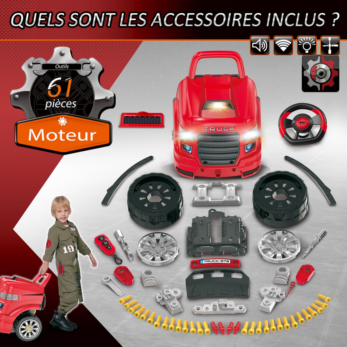 HOMCOM Camion mécano 2 en 1 - jouet bricolage enfant - jeu d'imitation mécanicien - nombreux accessoires total de 61 pièces - effets sonores et lumineux - PP ABS rouge