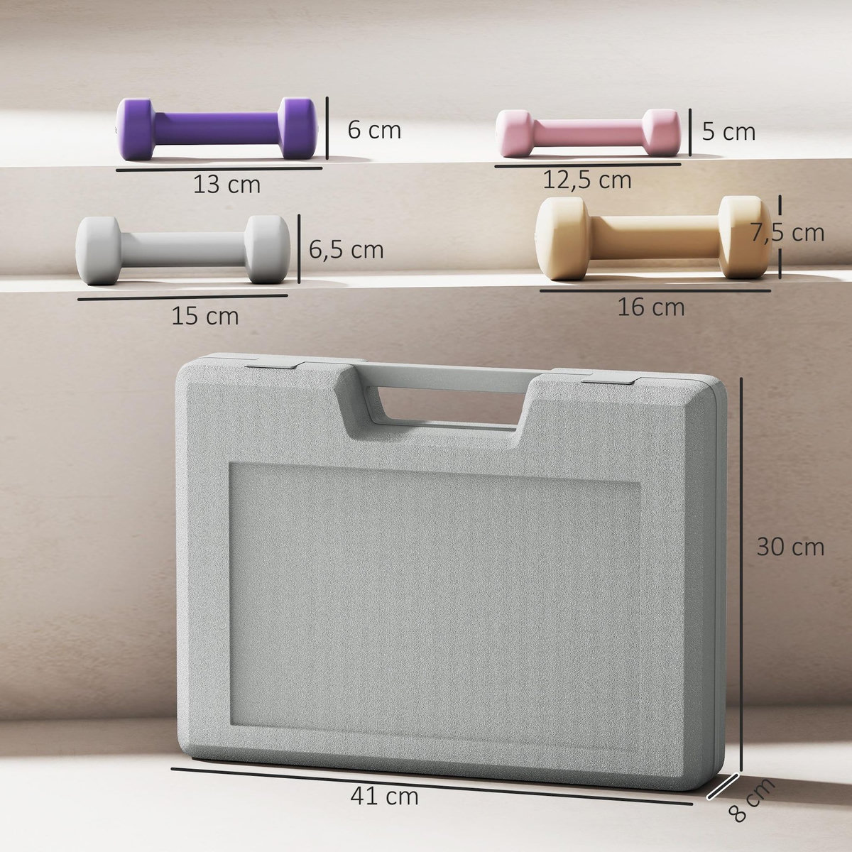 HOMCOM Ensemble d'haltères courtes total 10 Kg - paires de 0,5/1/1,5/2 Kg avec mallette - métal PU multicolore