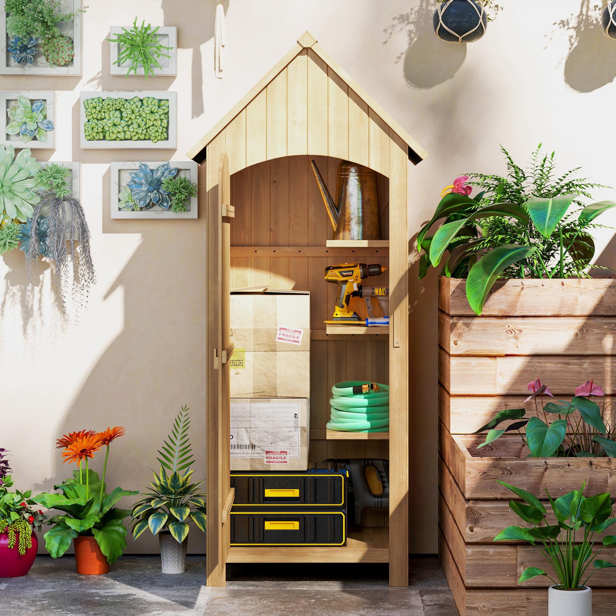 Voir la diapositive 5 : OUTSUNNY Armoire abri de jardin remise pour outils 3 étagères porte loquet toit pente bitumé dim. 77L x 54l x 179H cm bois sapin pré-huilé