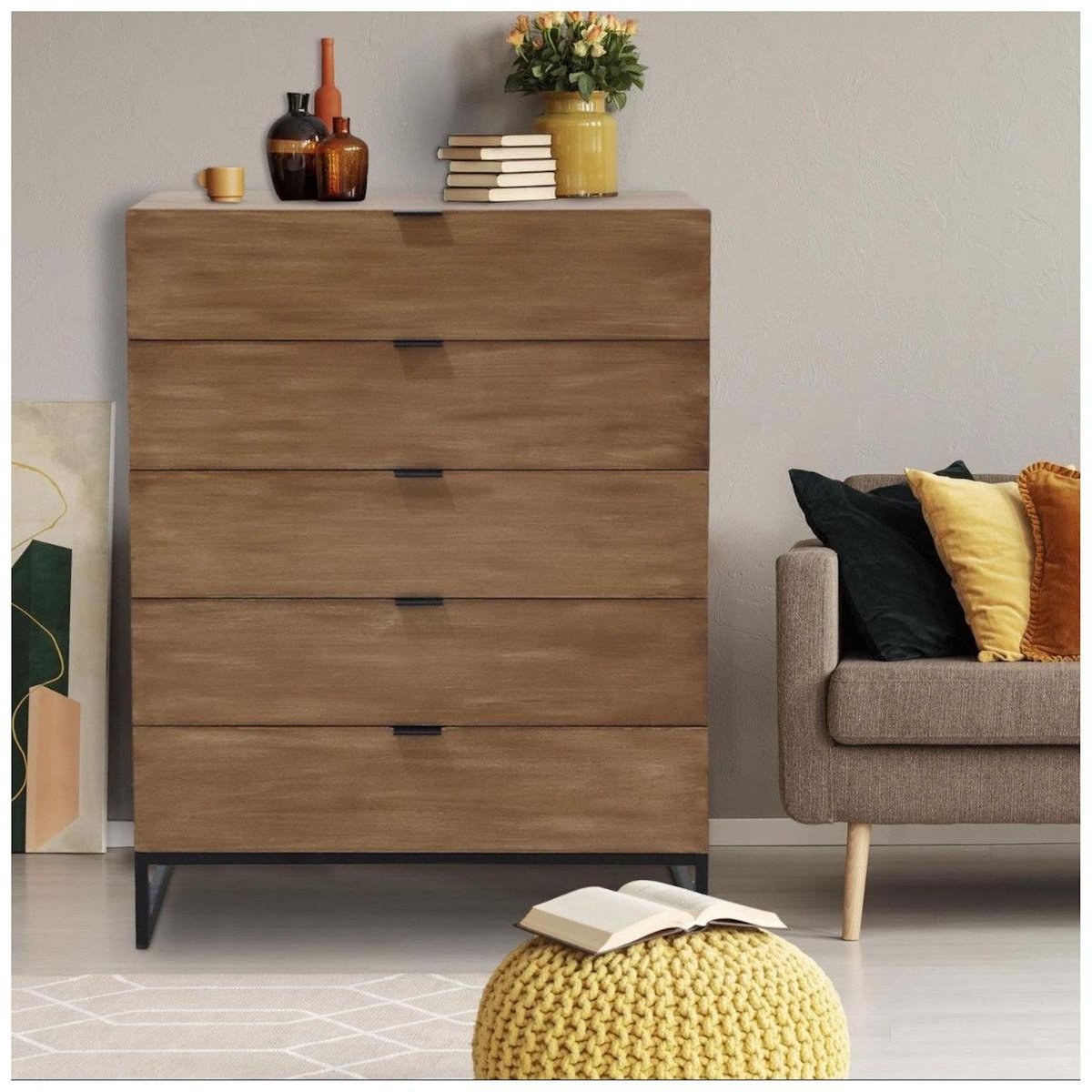 Paris Prix Commode 5 Tiroirs Design  Bolta  115cm Chêne Clair