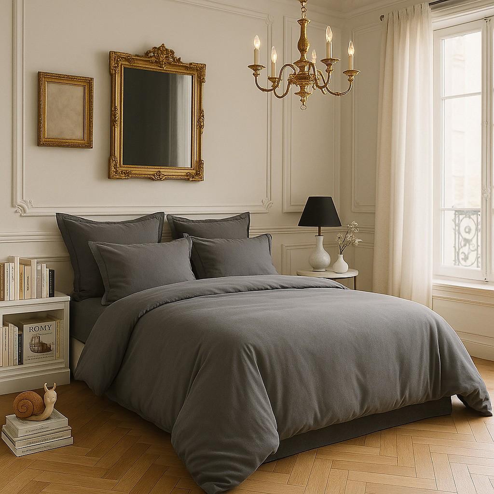BATON ROUGE Parure housse de couette 100% satin de coton 105 fils fonce. Coloris disponibles : Gris