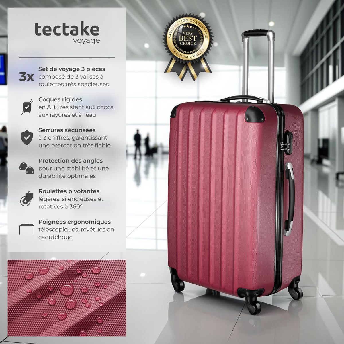 tectake Set de valises trolley rigides 3 parties, en plastique ABS robuste rouge