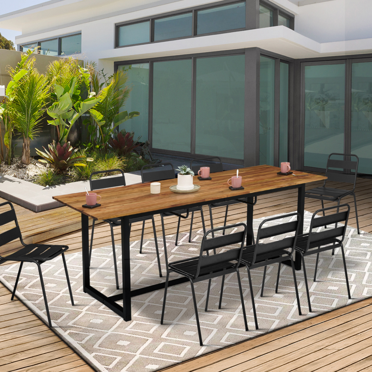ID MARKET Salon de jardin extensible SOHO 8/10 places table 160/200 cm acier + acacia et 8 chaises empilables noires