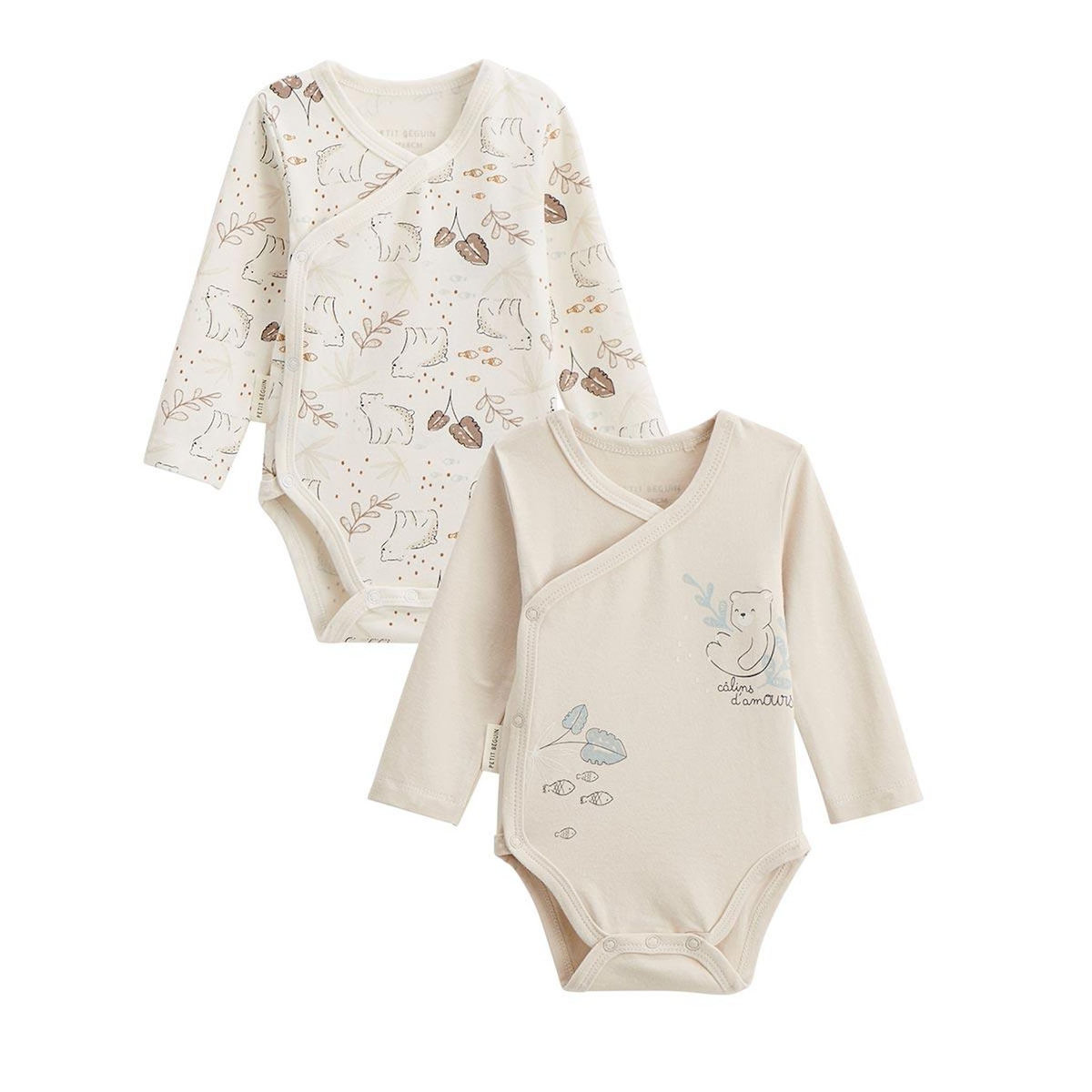Petit Béguin Lot de 2 bodies bébé manches longues ouverture croisée Câlins