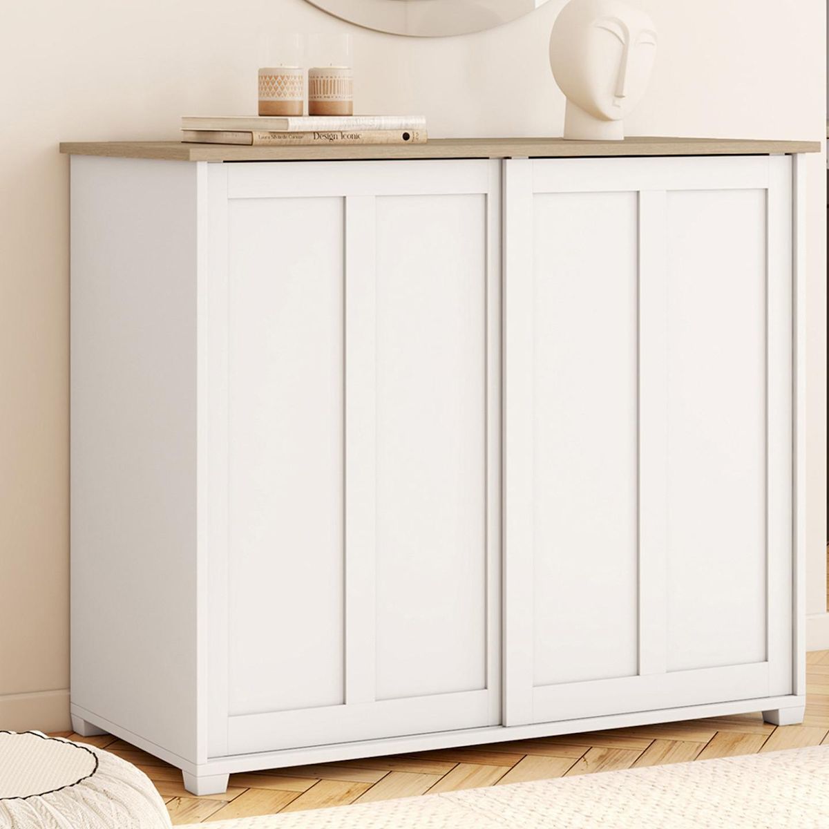 ID MARKET Buffet 100 cm JANGO 2 portes coulissantes blanc et plateau bois