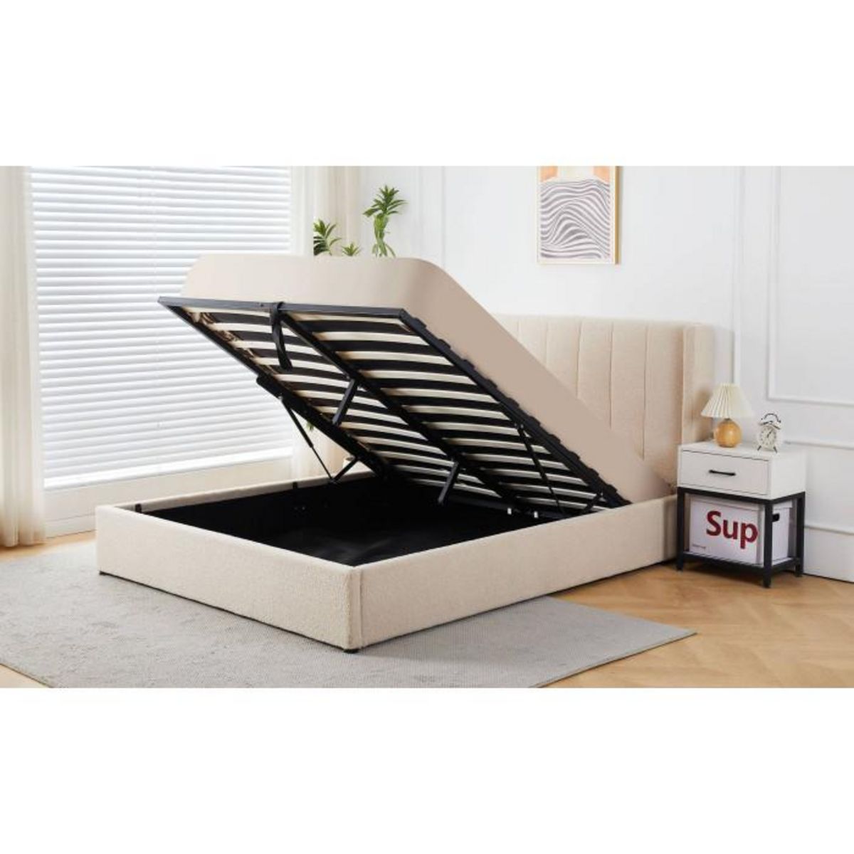 Paris Prix Lit Double Coffre Tissu Bouclette  Somia  160x200cm Crème