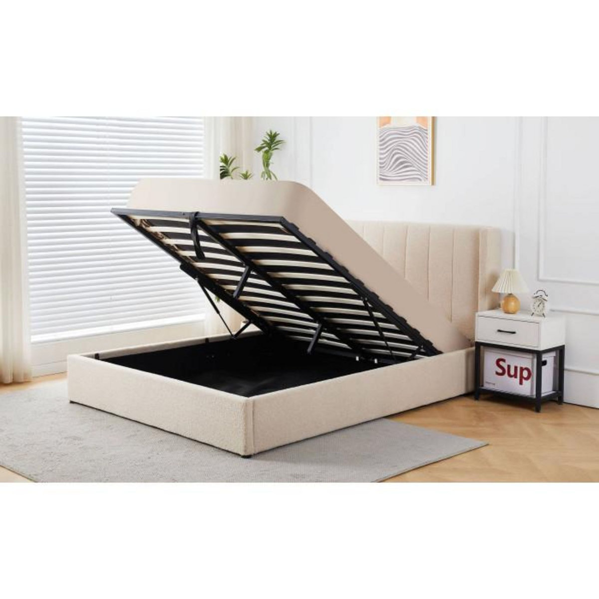 Paris Prix Lit Double Coffre Tissu Bouclette  Somia  160x200cm Crème