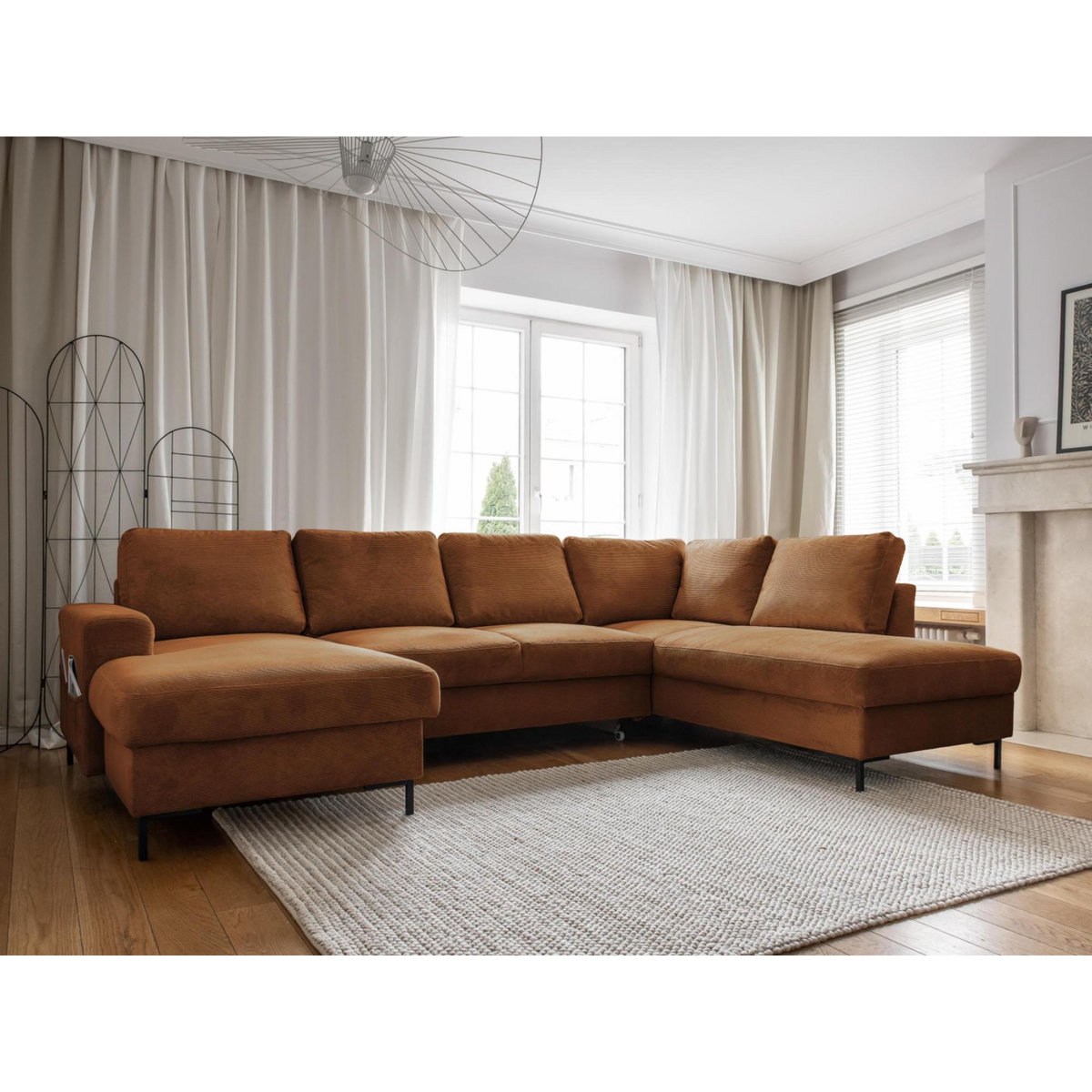 BEST MOBILIER Lilly - canapé panoramique d'angle droit - 7 places - convertible avec coffre - en velours côtelé