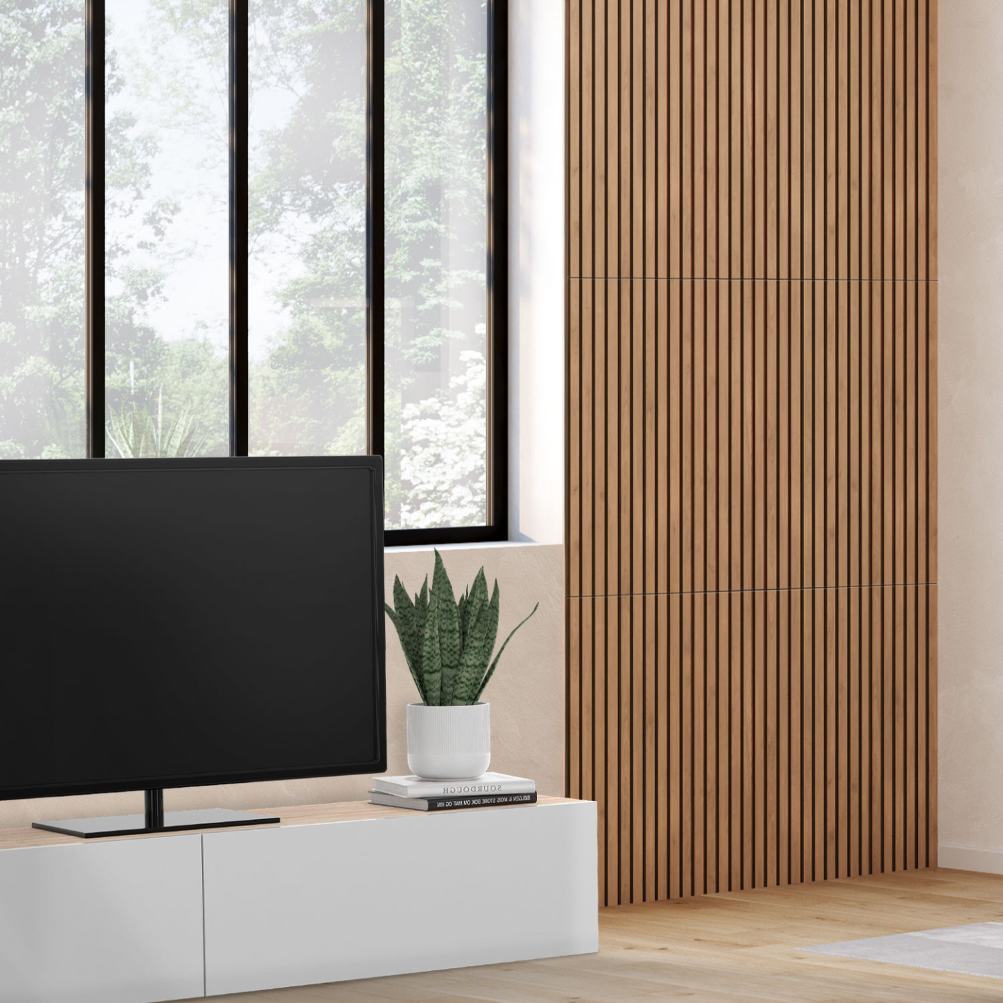 Voir la diapositive 2 : ID MARKET Panneaux acoustiques en tasseaux de bois 240 x 60 cm effet chêne clair et noir