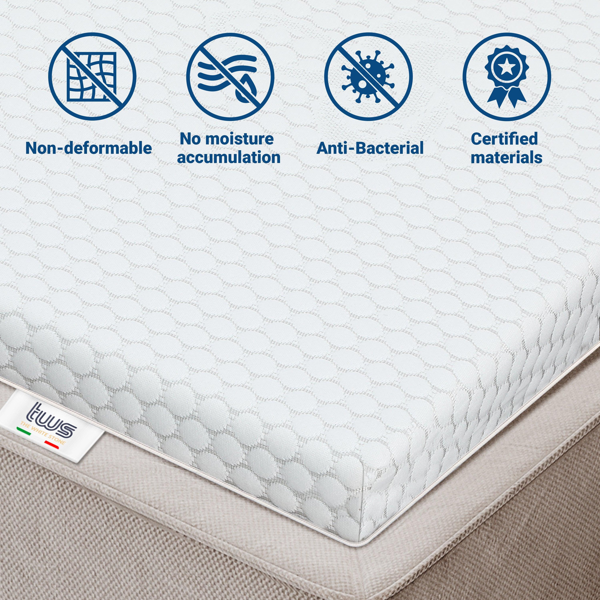 Voir la diapositive 4 : THE WHITE STONE Surmatelas 70 x 180 en mousse à mémoire de forme | Hauteur 6 cm | Housse respirante et amovible | Antibactérien et antifongique