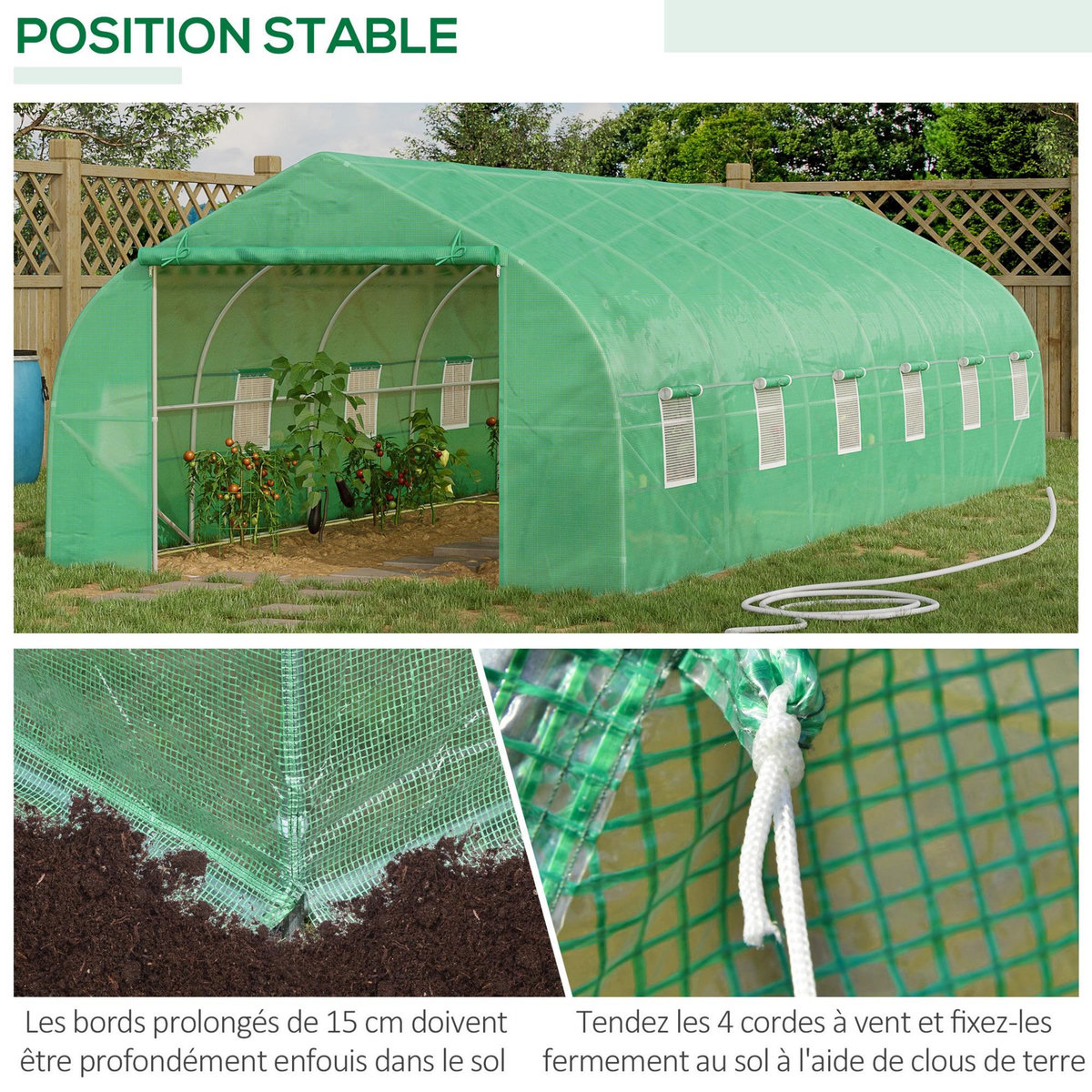 OUTSUNNY Serre tunnel grande taille 24 m² châssis tubulaire acier galvanisé renforcé 2,4 cm 12 fenêtres 1 porte vert