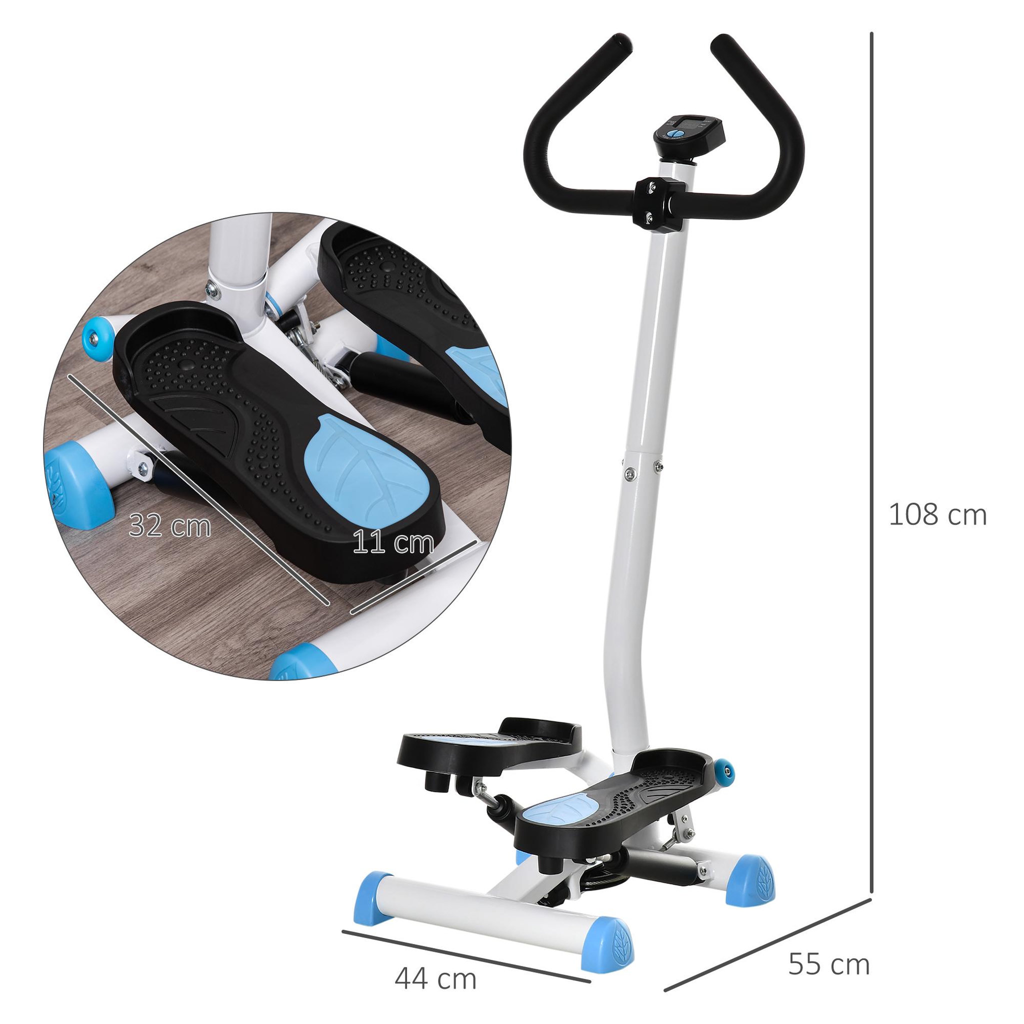 Voir la diapositive 3 : HOMCOM Stepper fitness avec guidon ergonomique - écran lcd multifonction - résistance réglable - acier blanc bleu noir