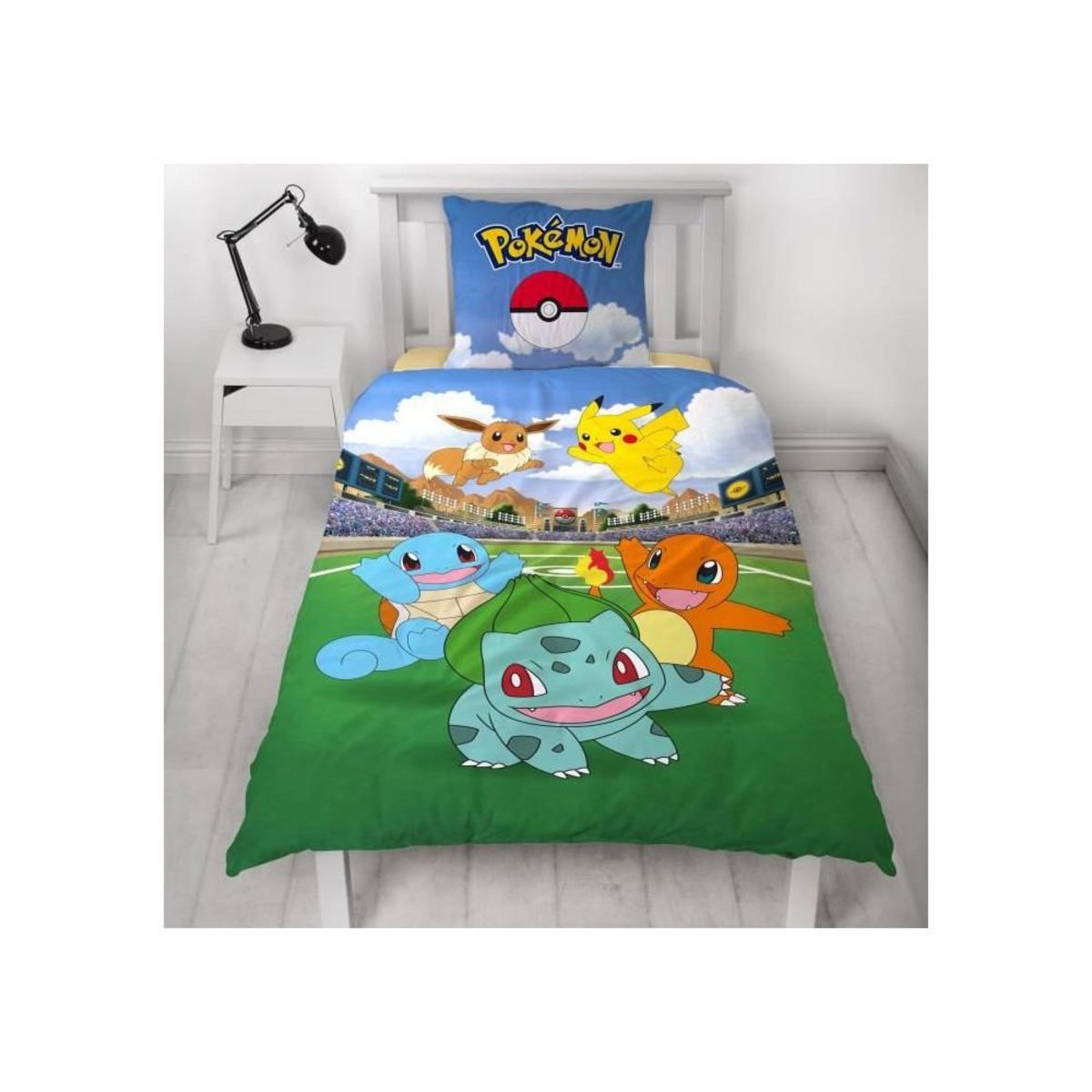 Pokemon Parure de lit réversible - POKEMON - Pikachu et ses amis a l'Arena - Microfibre - 140 x 200 cm + 1 taie 63 x 63 cm