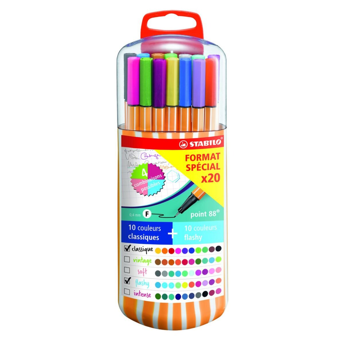 STABILO Lot de 20 stylos feutres pointe fine Point 88 10 coloris classiques+ 10 coloris flashy pas cher 