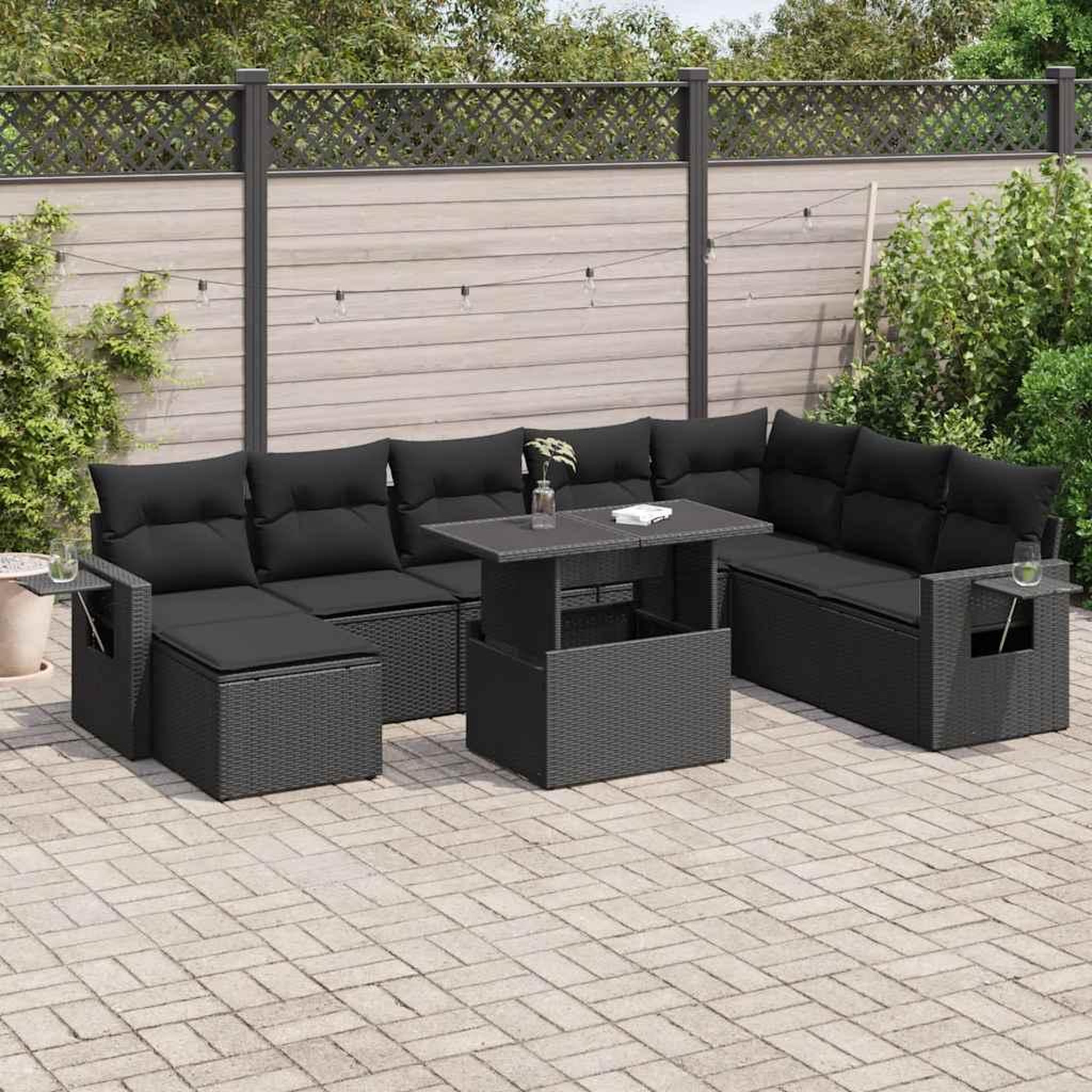 VIDAXL Salon de jardin 9 pcs avec coussins noir resine tressee