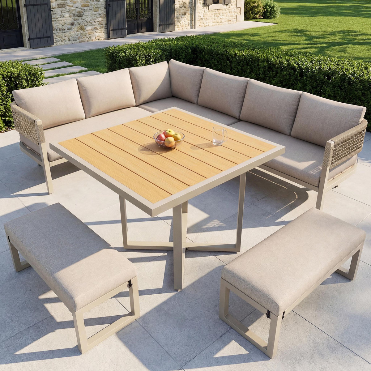 MERAX Salon de jardin repas 10 places en Métal avec canapé, grand table à manger et coussins, beige