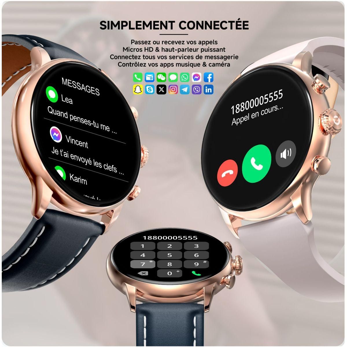 Echo Montre connectée Rainbow Voyager OrRose Silico+Bleu Cuir