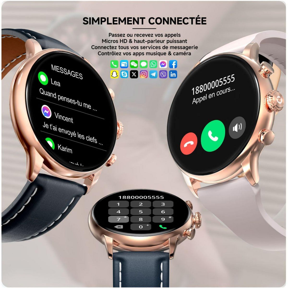 Echo Montre connectée Rainbow Voyager OrRose Silico+Bleu Cuir