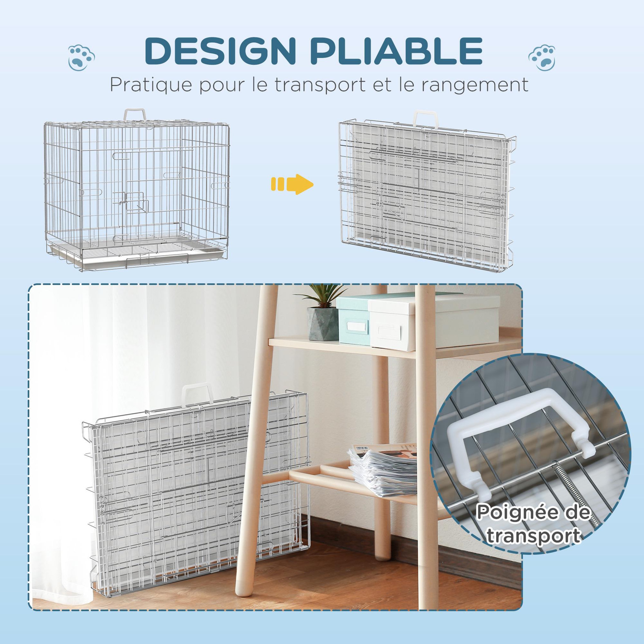 Voir la diapositive 6 : PAWHUT Cage pour chien pliable - plateau excrément coulissant - 2 portes verrouillable, poignée - dim. 61l x 43l x 50h cm - fer galvanisé pp blanc