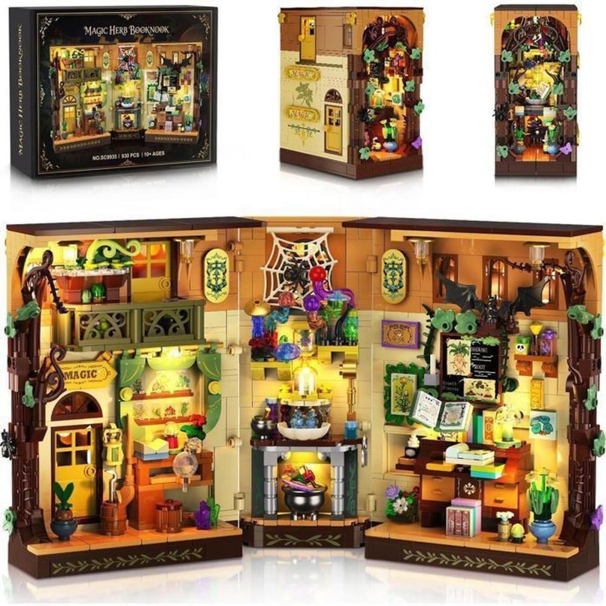 Coffret de construction LED Book Nook magie aux herbes, 930 pièces ABS, maquette bibliothèque