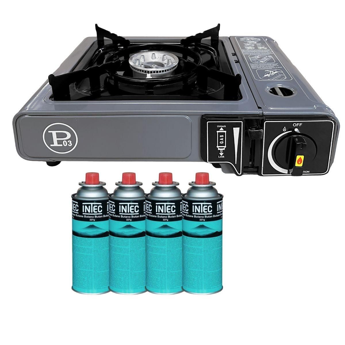 INTEC Réchaud gaz Camping 1 Feu 2200W + 4 Cartouches gaz Butane Allumage Piezo – Camping Randonnée Cuisine Extérieure INTEC