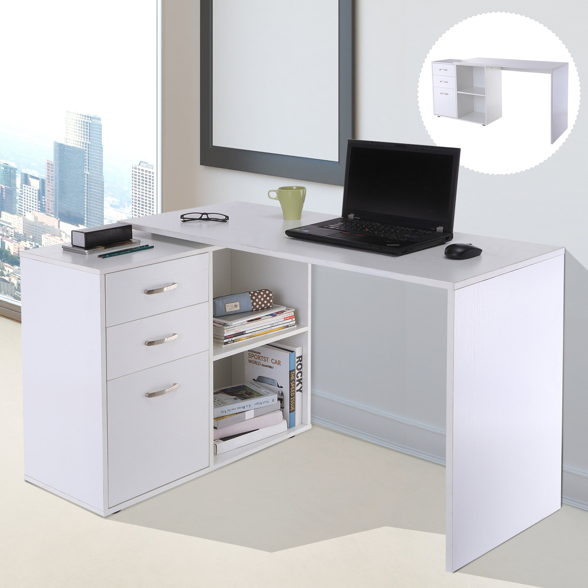 Voir la diapositive 2 : HOMCOM Bureau d'angle bureau droit modulable 2 en 1 bureau informatique tiroirs x 3 + 2 niches MDF blanc