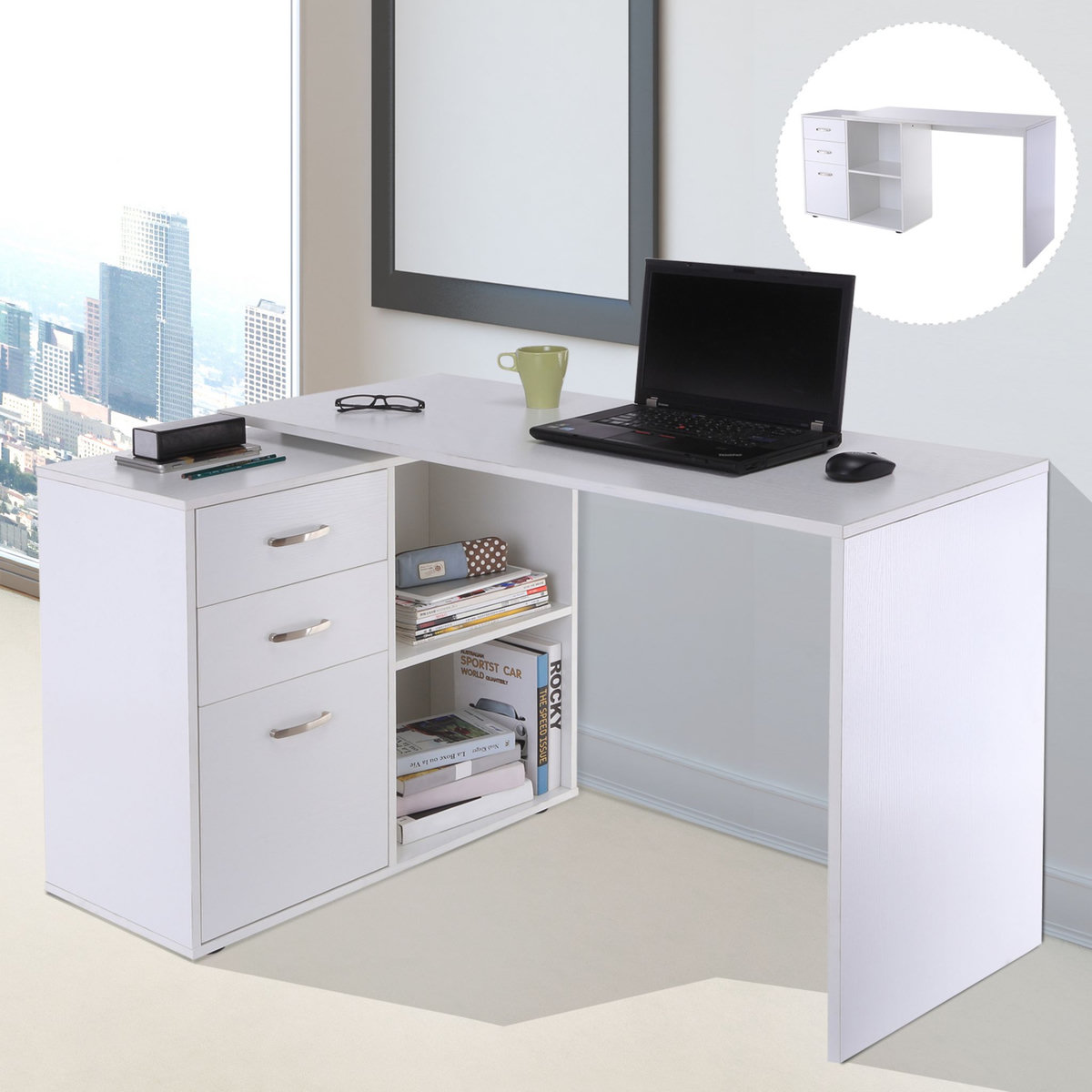 HOMCOM Bureau d'angle bureau droit modulable 2 en 1 bureau informatique tiroirs x 3 + 2 niches MDF blanc