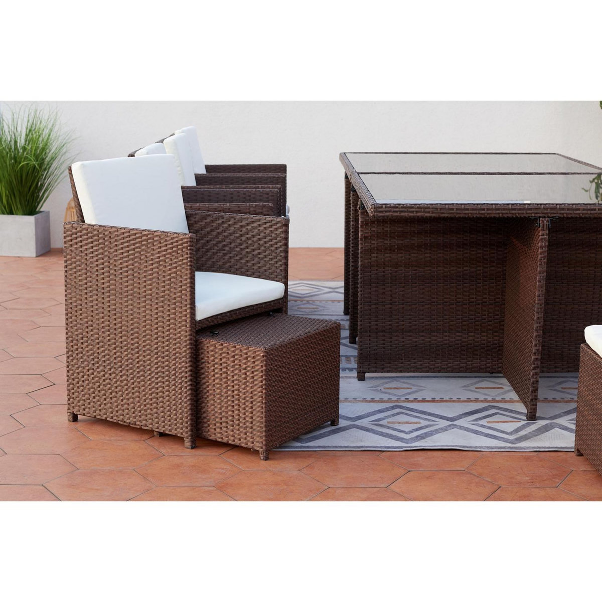 CONCEPT USINE Table et chaises 12 places encastrables résine marron-blanc MONACO