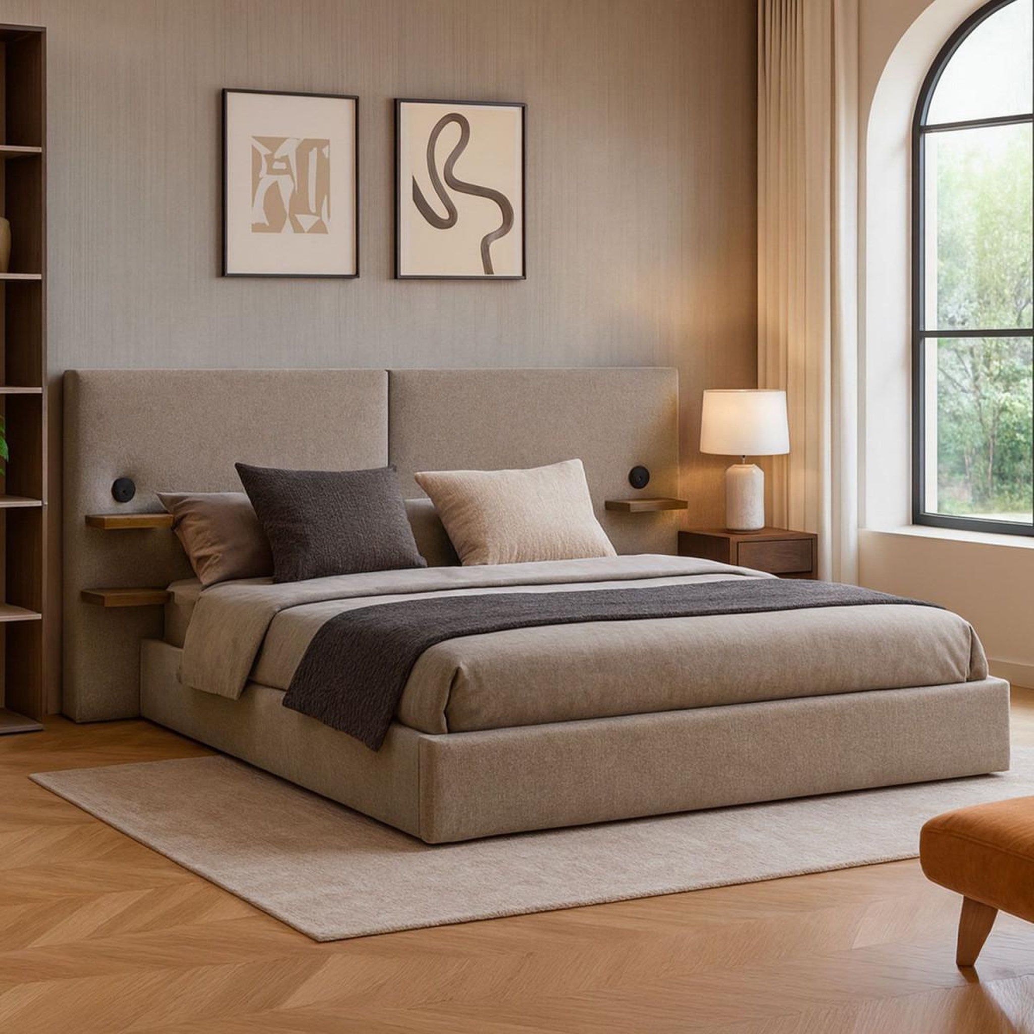 Voir la diapositive 4 : Paris Prix Lit coffre avec tablettes & usb  mike  160x200cm taupe