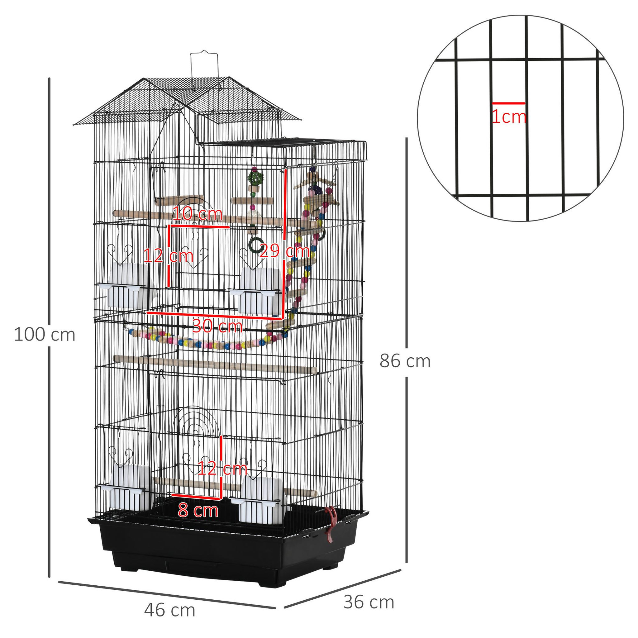 Voir la diapositive 3 : PAWHUT Cage à oiseaux volière dim. 46L x 36l x 100H cm - 4 mangeoires, 3 perchoirs, balançoire, 2 portes, 9 trappes, échelle, 2 jouets suspendus, plateau déjection - PP acier noir