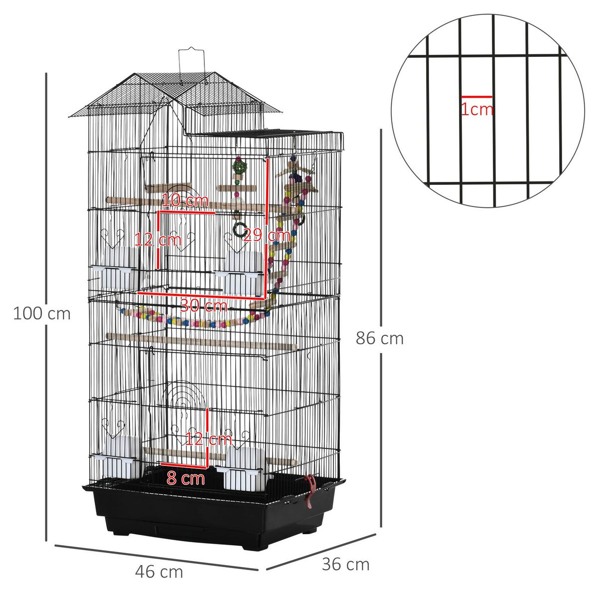 PAWHUT Cage à oiseaux volière dim. 46L x 36l x 100H cm - 4 mangeoires, 3 perchoirs, balançoire, 2 portes, 9 trappes, échelle, 2 jouets suspendus, plateau déjection - PP acier noir