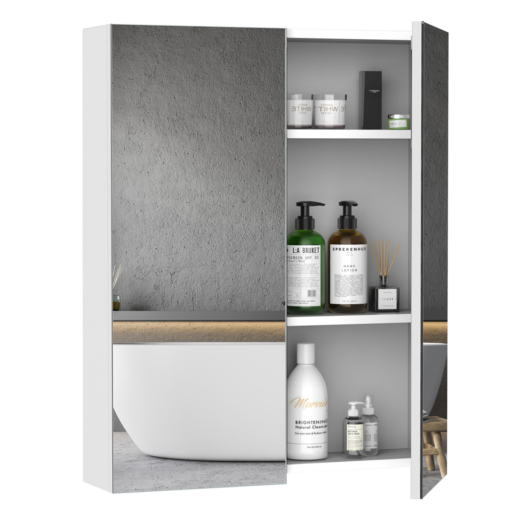 Voir la diapositive 1 : HOMCOM Armoire avec miroir en bois rangement salle de bain fermeture porte tampon MDF blanc