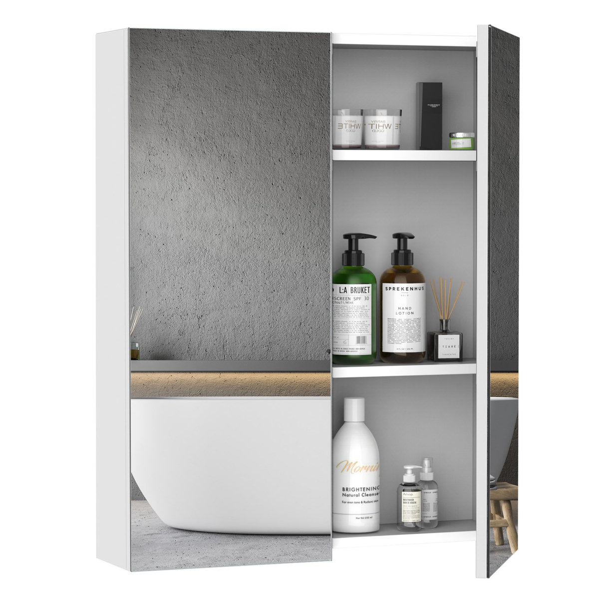 HOMCOM Armoire avec miroir en bois rangement salle de bain fermeture porte tampon MDF blanc