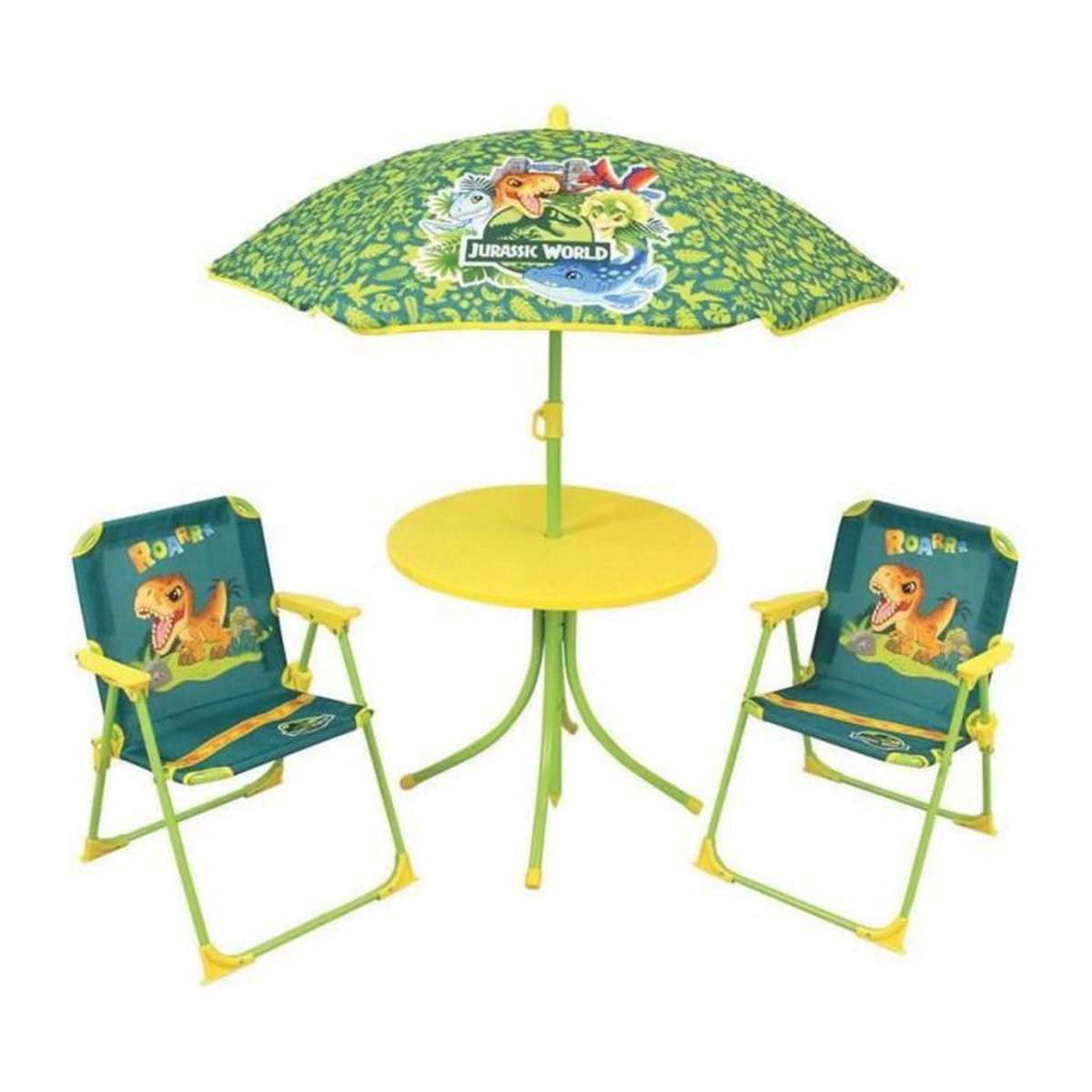 Fun House FUN HOUSE Jurassic Salon de jardin dinosaures - 1 table 46 x o46 cm, 2 chaises 53 x 38,5 x 37,5 cm et 1 parasol 125 x o100 cm