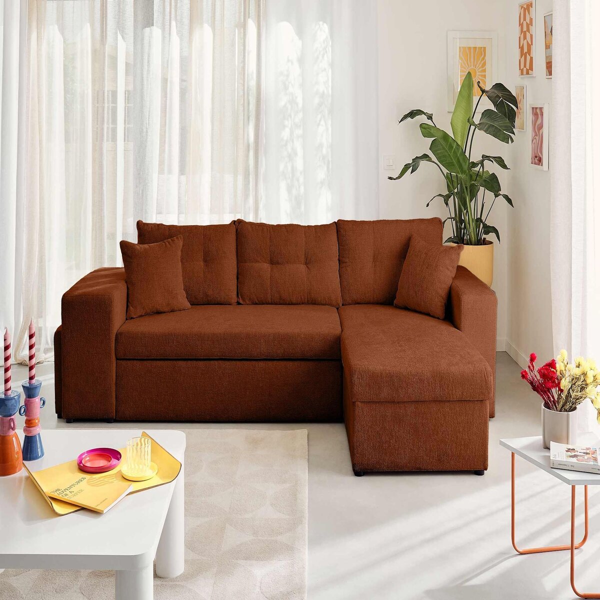 BEST MOBILIER California - canapé d'angle réversible 4 places - convertible avec coffre, étagère et poufs - en velours texturé