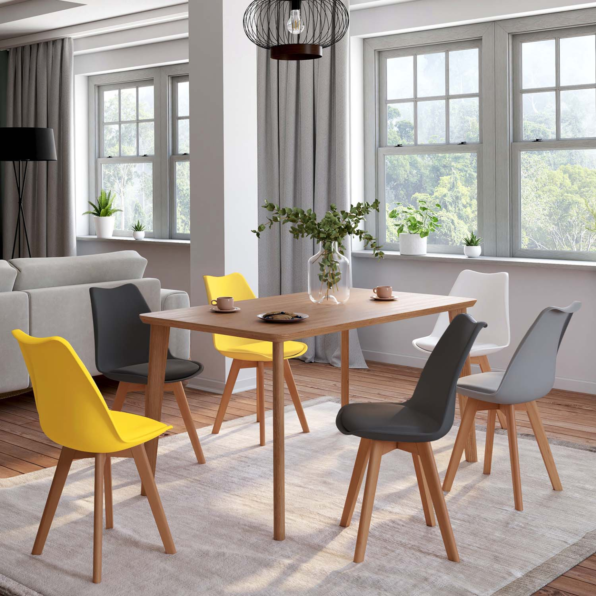 Voir la diapositive 2 : ID MARKET Lot de 6 chaises scandinaves sara mix color gris clair, blanc, gris foncé x2, jaune x2