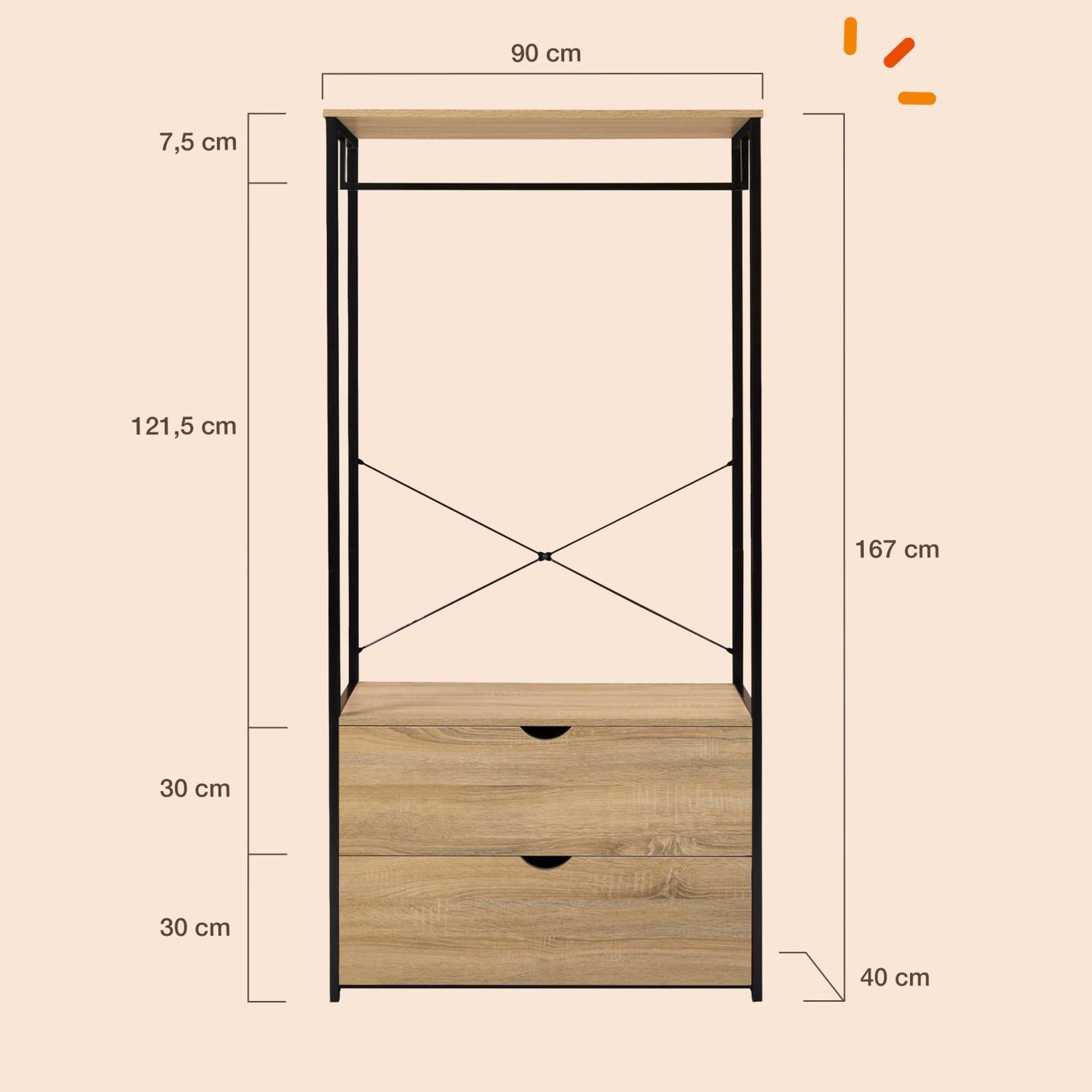 Voir la diapositive 3 : ID MARKET Dressing penderie 2 tiroirs l. 80 cm detroit design industriel
