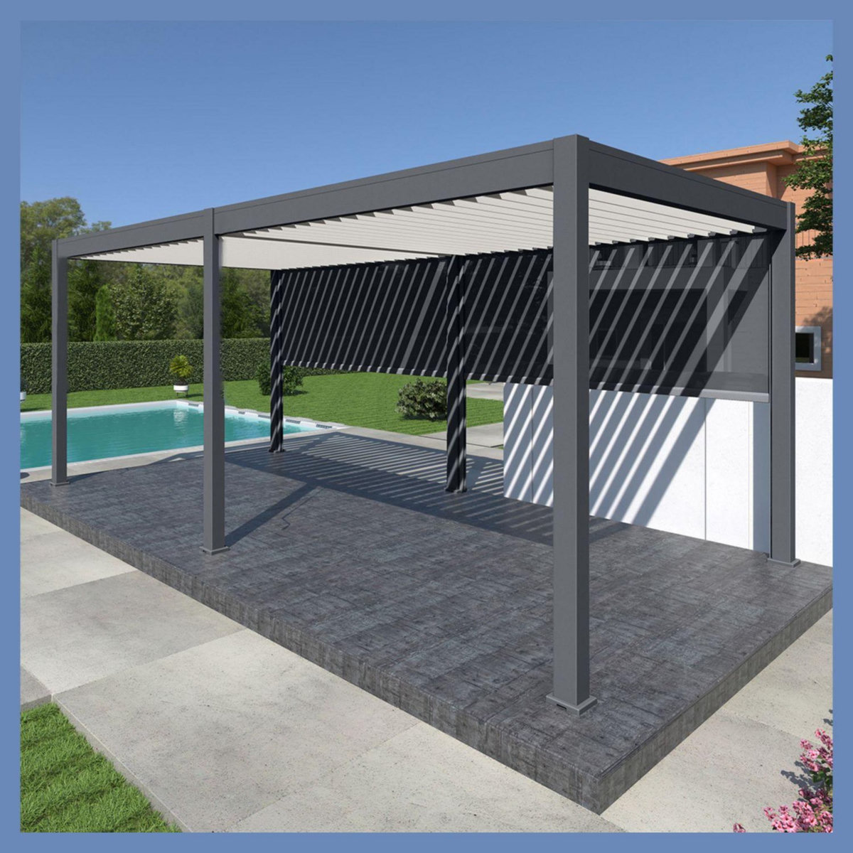Pergola Bioclimatique autoportée Motorisée (6 pieds) 3x6 m -Aluminium - Anthracite/Blanc VS OMBREA®