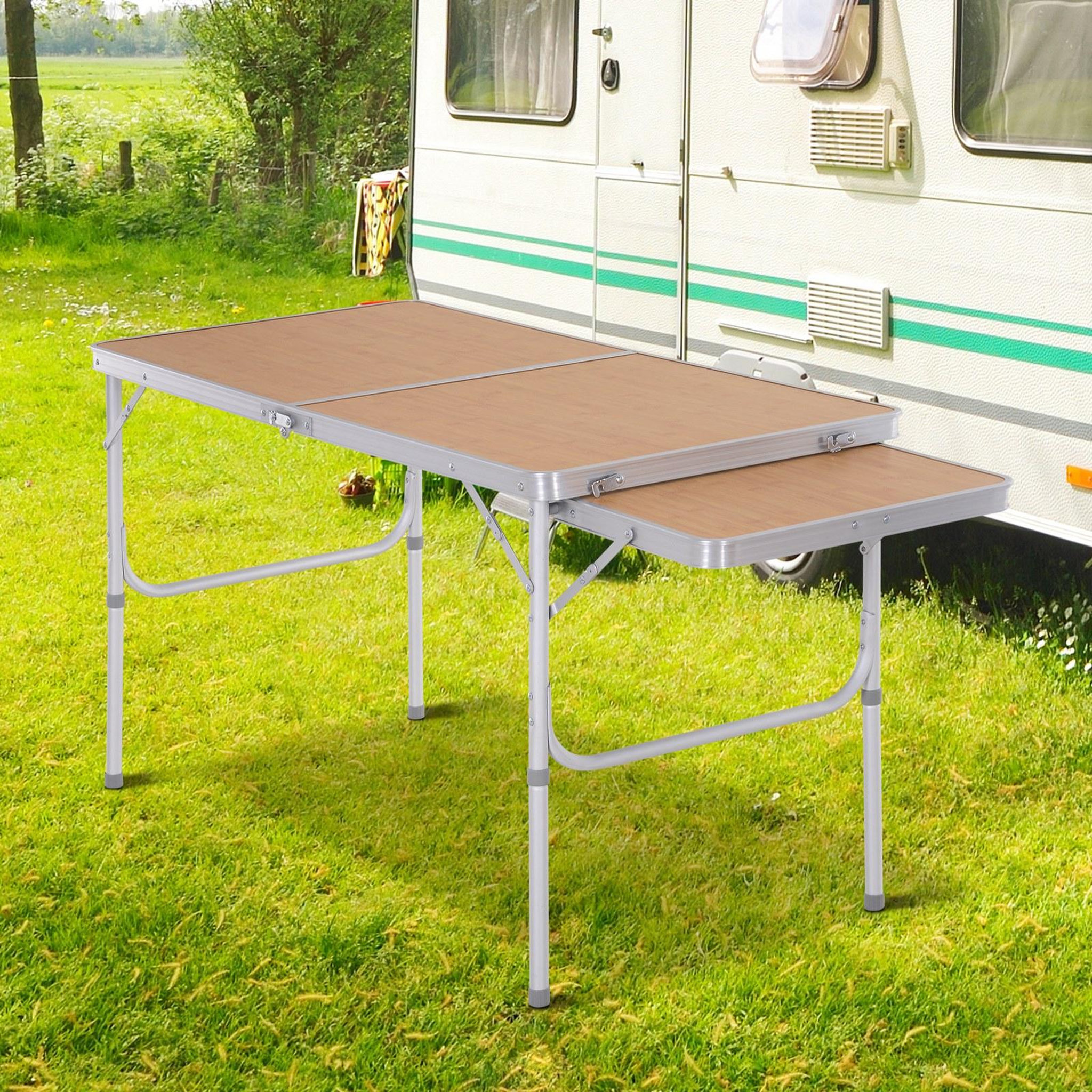 Voir la diapositive 2 : OUTSUNNY Table pliante table de camping table de jardin avec rallonge hauteur réglable aluminium mdf imitation bambou