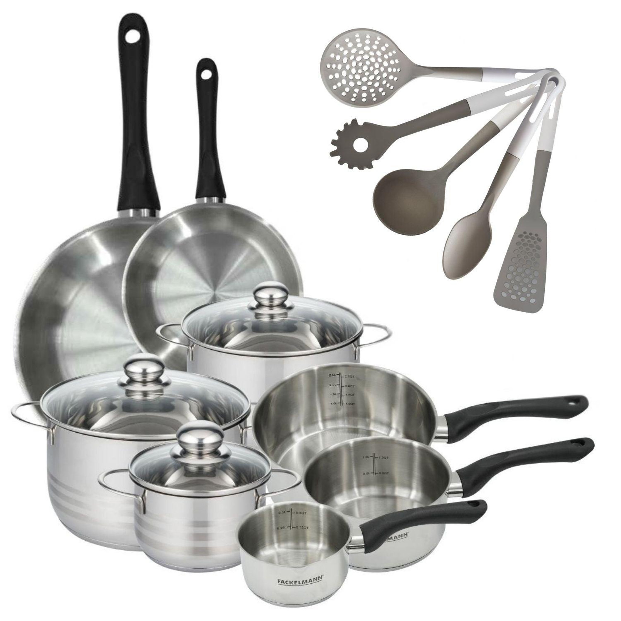 Fackelmann Batterie cuisine 2 poêles 20/28 cm 3 faitouts 16/20/24 cm 3 casseroles 12/16/20 cm 5 ustensiles fackelmann geneva