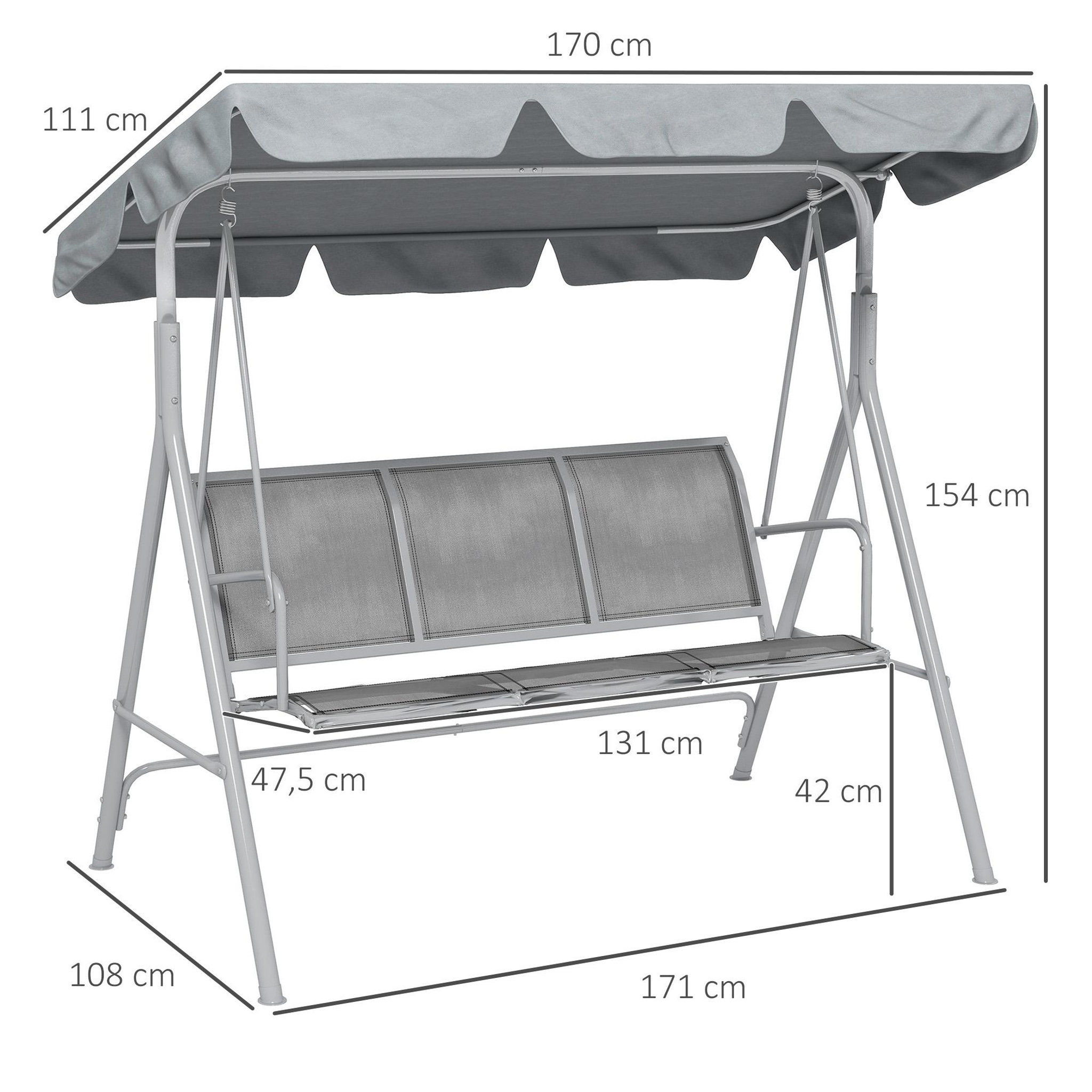 Voir la diapositive 3 : OUTSUNNY Balancelle de jardin 3 places grand confort toit imperméabilisé inclinaison réglable assise et dossier ergonomique acier textilène gris clair
