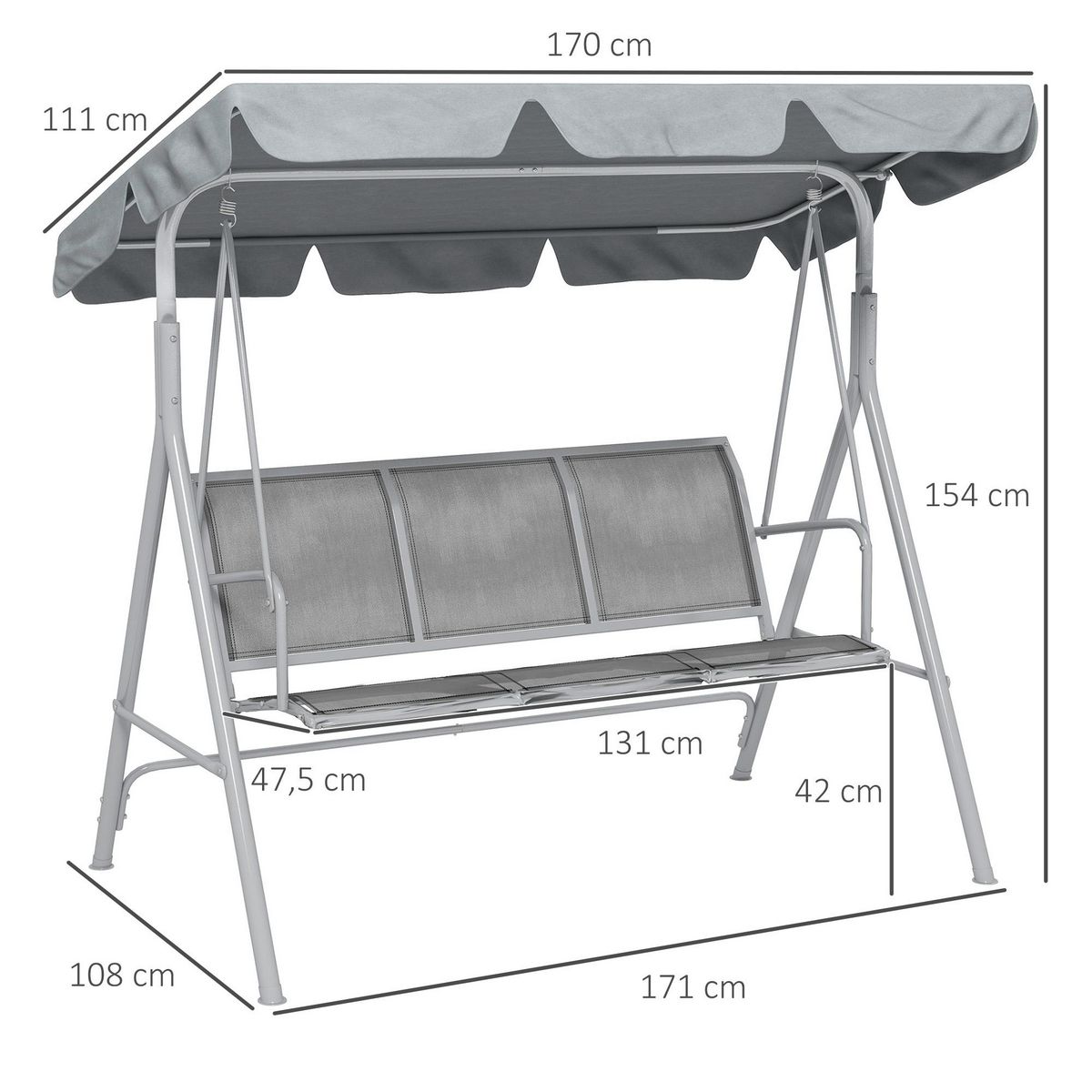 OUTSUNNY Balancelle de jardin 3 places grand confort toit imperméabilisé inclinaison réglable assise et dossier ergonomique acier textilène gris clair