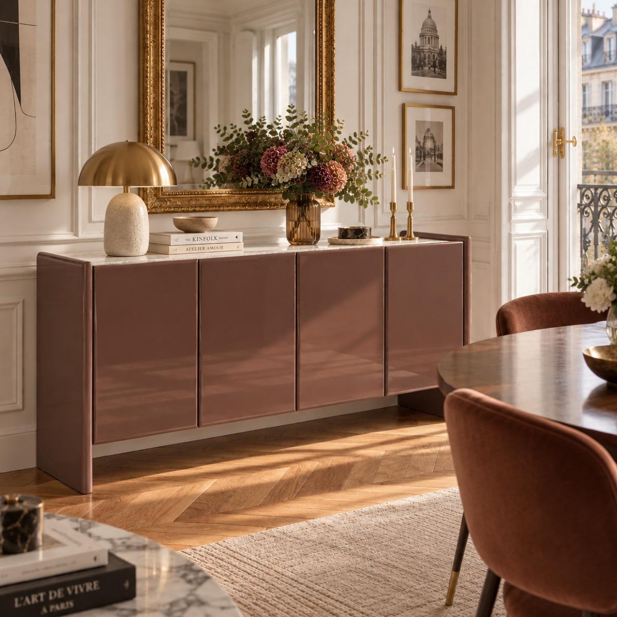 Voir la diapositive 2 : JLC KREATION Buffet design 4 portes marron brique laqué 170 cm emeralda