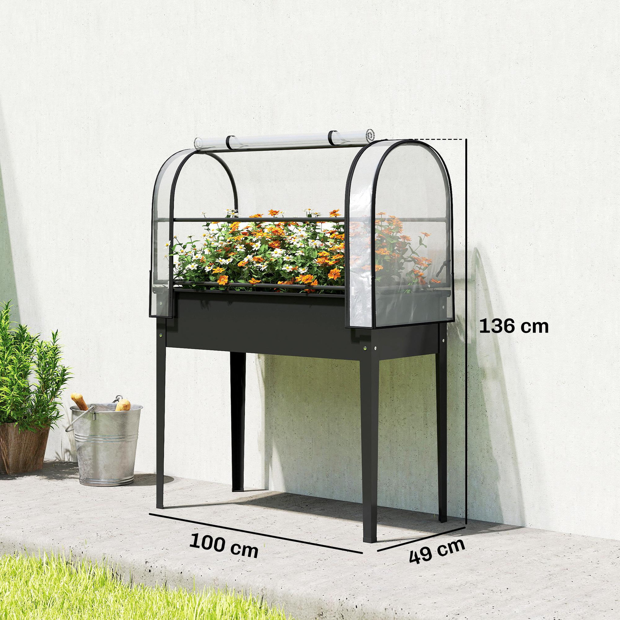 Voir la diapositive 3 : OUTSUNNY Potager sur pieds - serre rabattable - trou de drainage - pour plantes fleurs légumes - métal - 100 x 49 x 136 - noir
