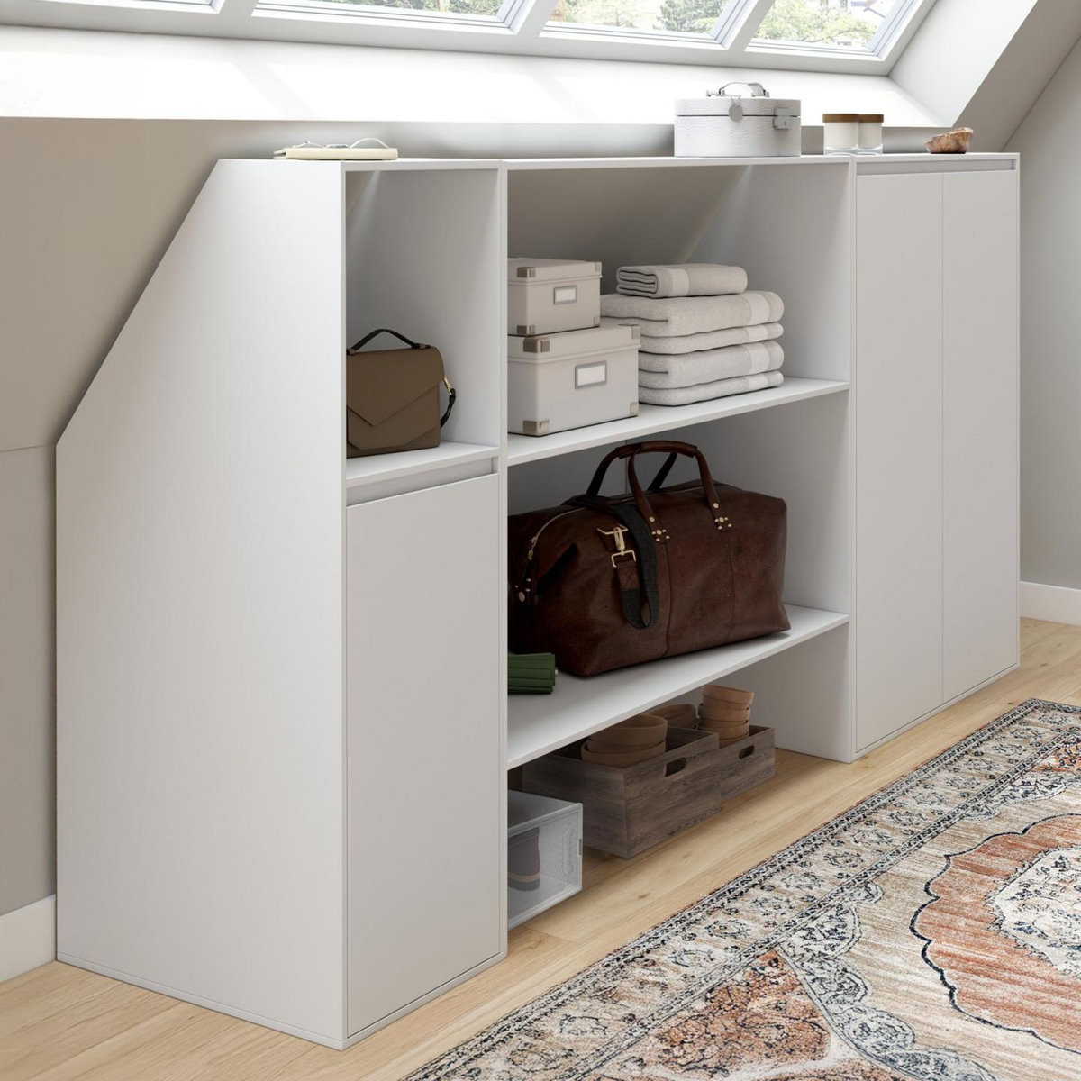 ID MARKET Ensemble étagère 2 niveaux, armoire 2 portes et armoire 1 porte + 1 niche sous pente TOMI blanc