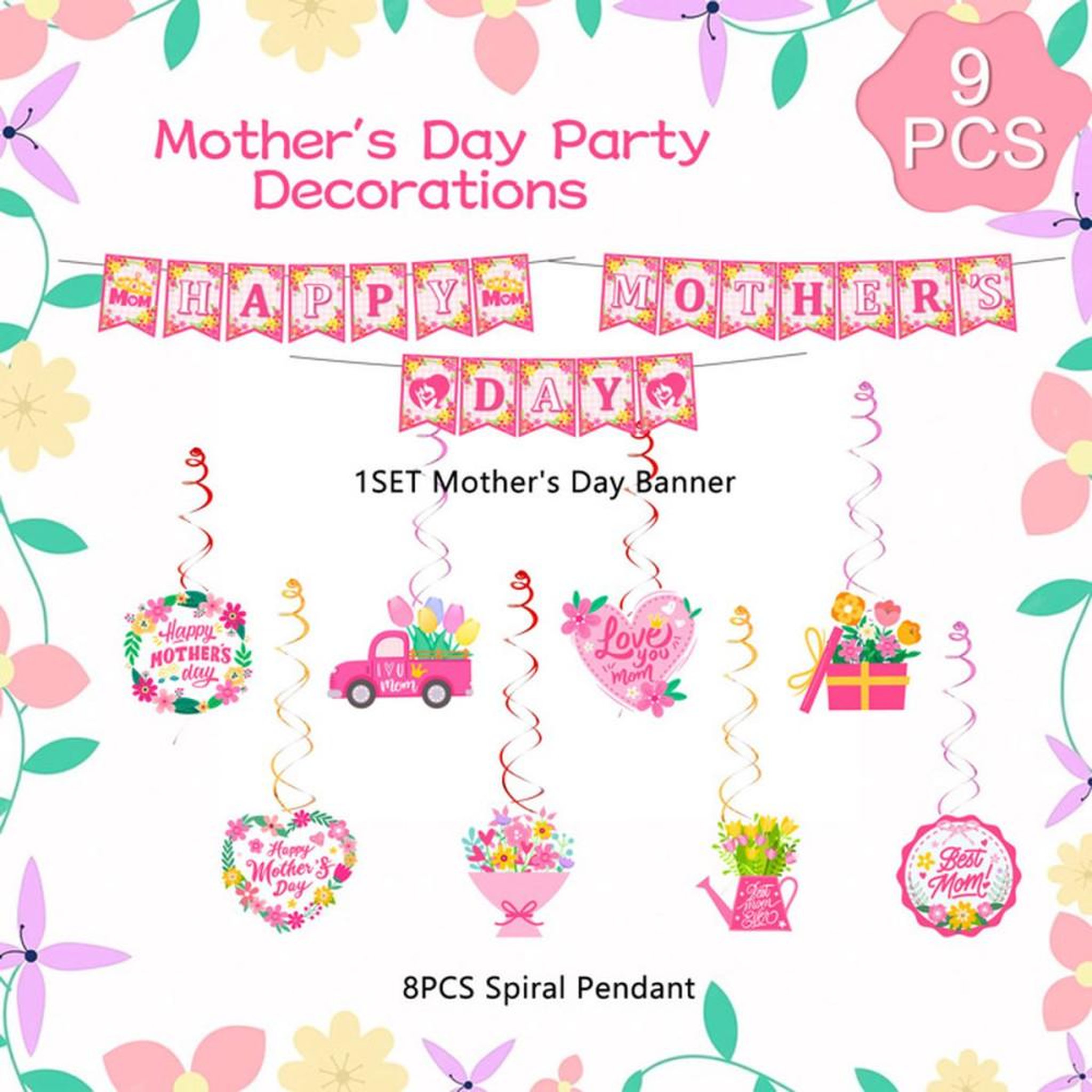 Voir la diapositive 2 : Décorations suspendues Fête des Mères : 1 bannière et 8 décorations spirales, multicolores, motifs fleurs et cœurs