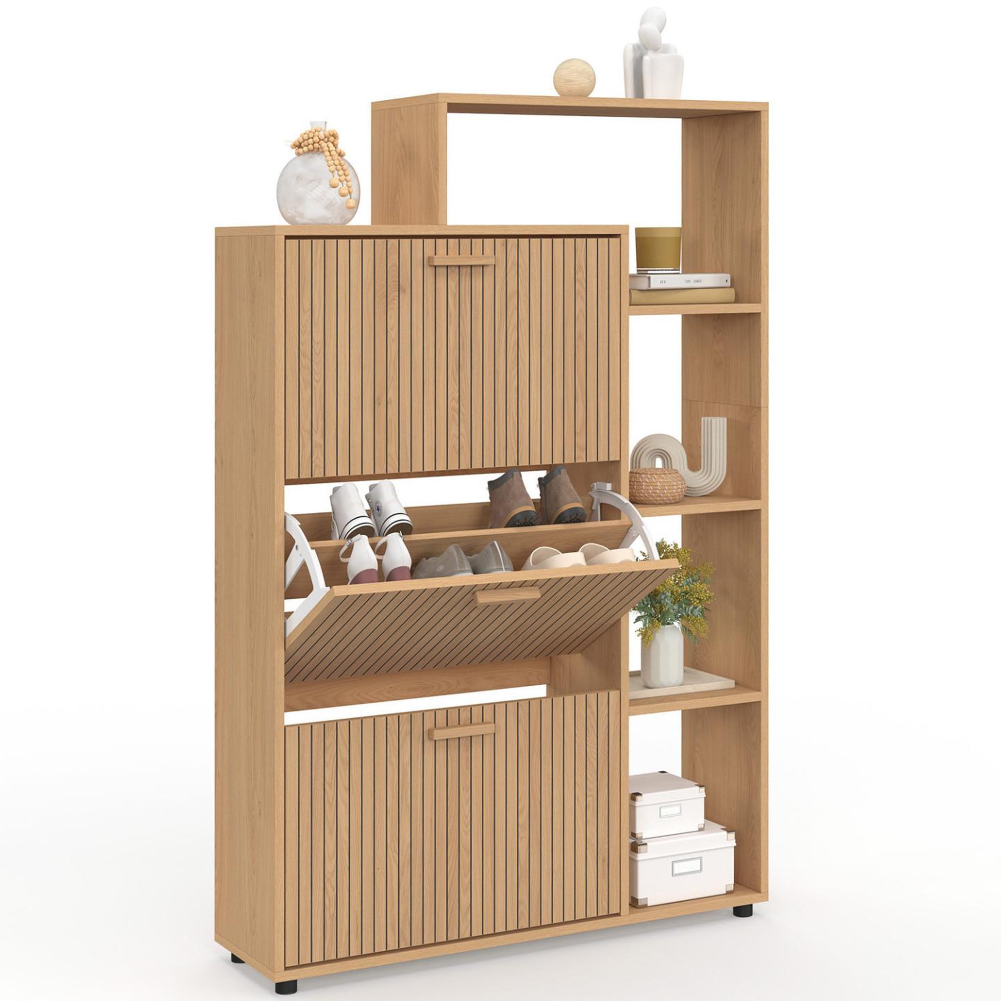 ID MARKET Meuble à chaussures 18 paires juliette 3 portes avec étagères lattes tasseau bois coloris chêne