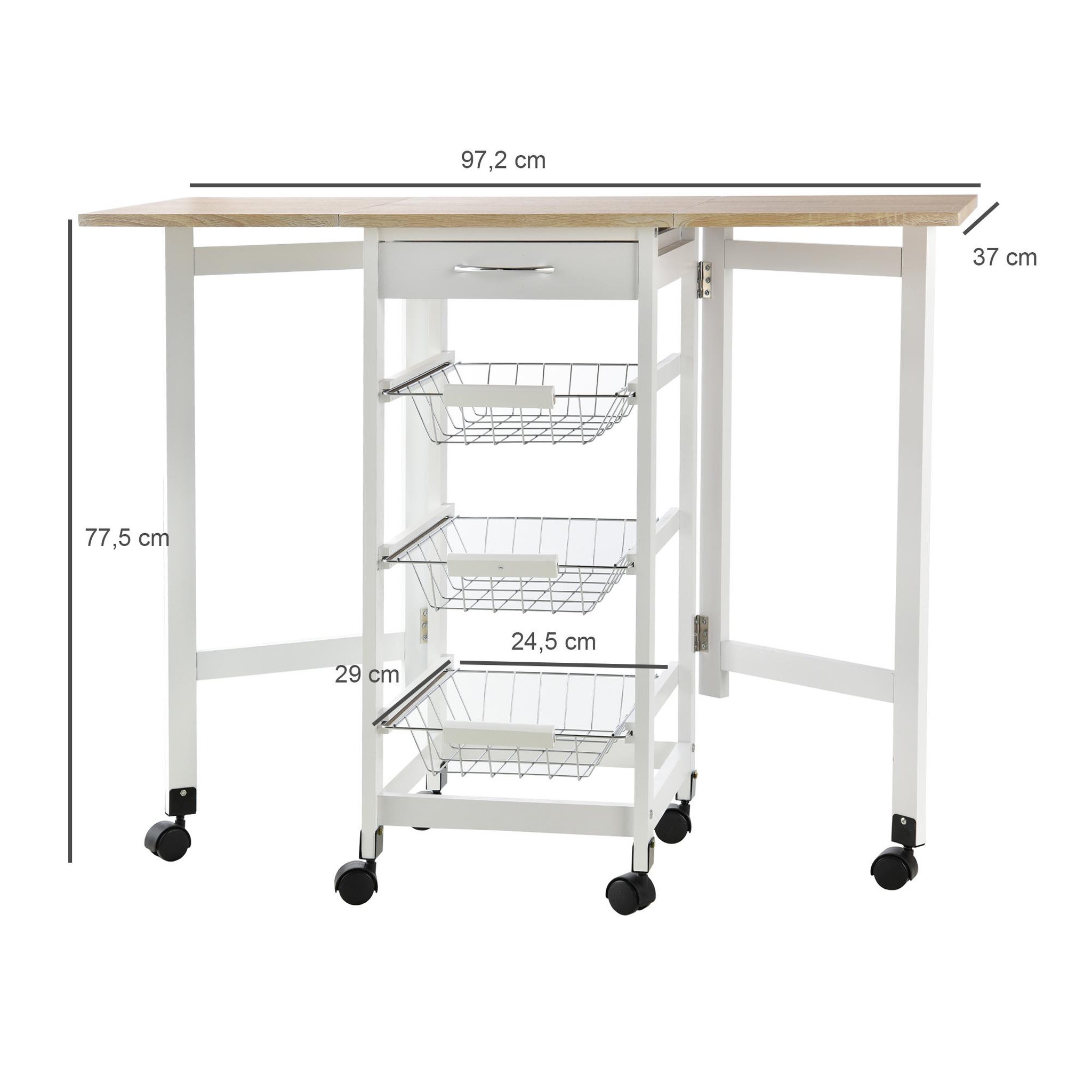 Voir la diapositive 3 : HOMCOM Chariot de service desserte de cuisine à roulettes multi-rangements 3 paniers métal + tiroir + rallonges mdf blanc chêne clair