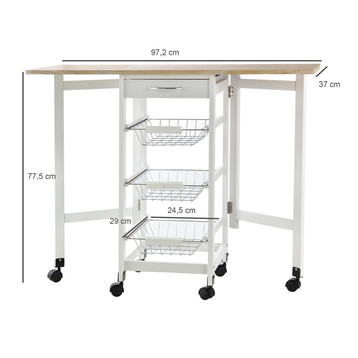 HOMCOM Chariot de service desserte de cuisine à roulettes multi-rangements 3 paniers métal + tiroir + rallonges MDF blanc chêne clair