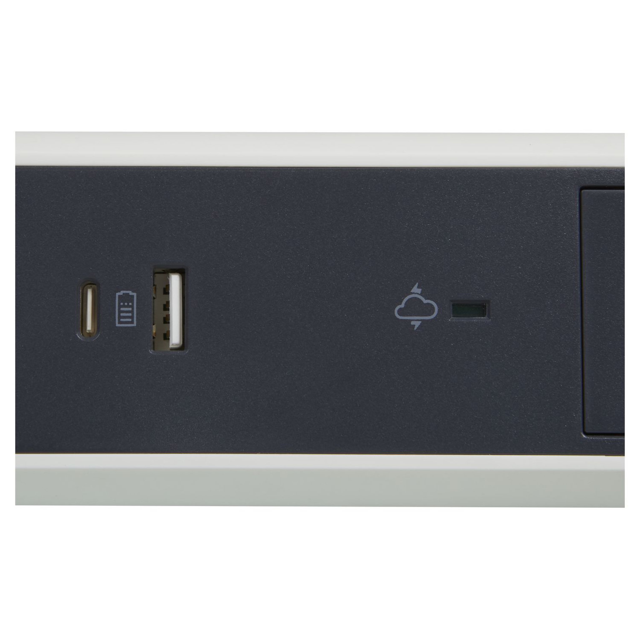 Voir la diapositive 2 : Trefiliaction  Rallonge 5x2P+T Surface - inter, cordon 1,5m, parafoudre et USB A+C- blanc/gris